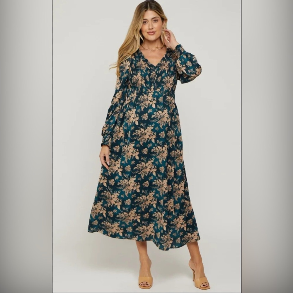 PinkBlush ‘Hayden’ Maternity Teal Floral Long Sleeve Maxi Dress Size Large